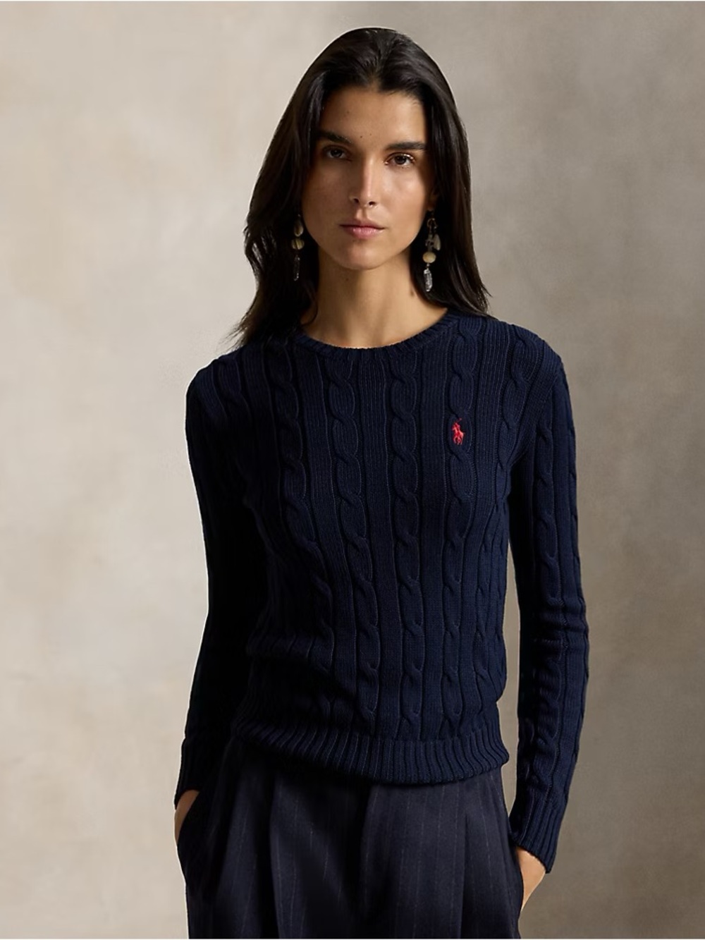 Polo Ralph Lauren 100% Cotton Cable Crewneck Sweater - Hunter Navy / Pink Pony